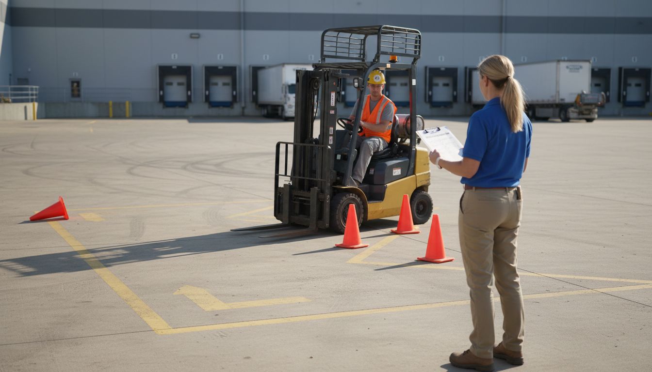 Forklift trainee maneuvers cone-marked course outdoors
