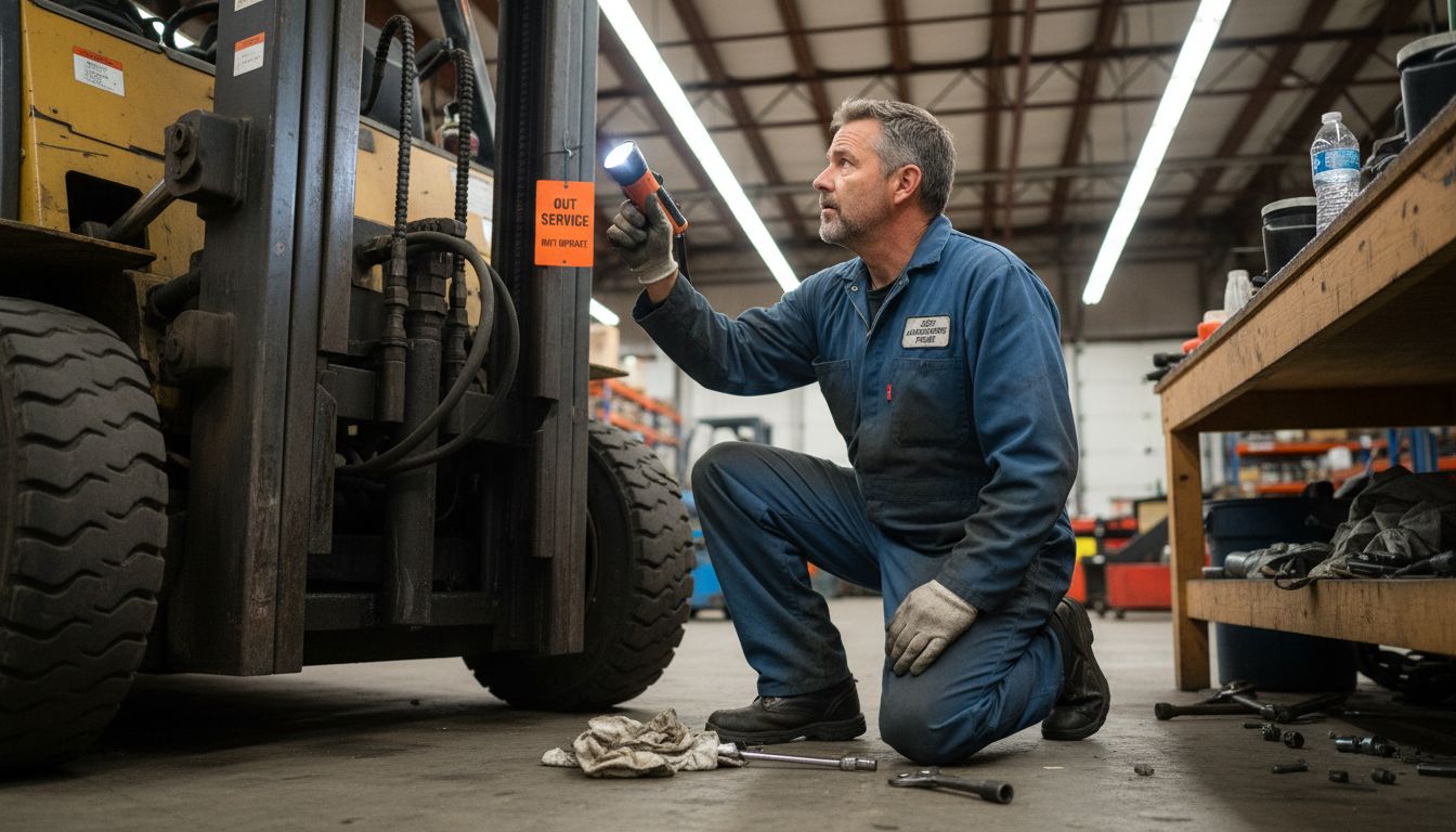 Mechanic inspecting forklift for safety compliance