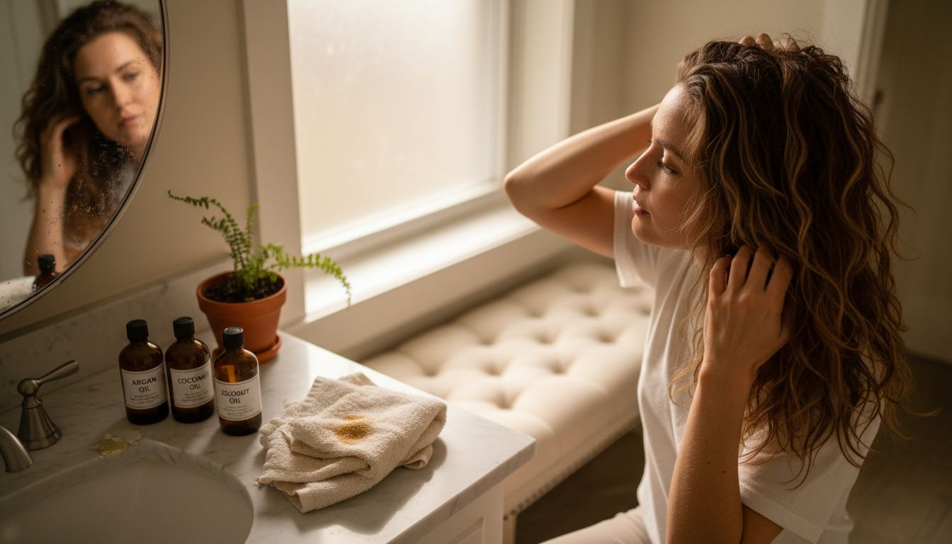 Woman applies nourishing hair oils in bright bathroom