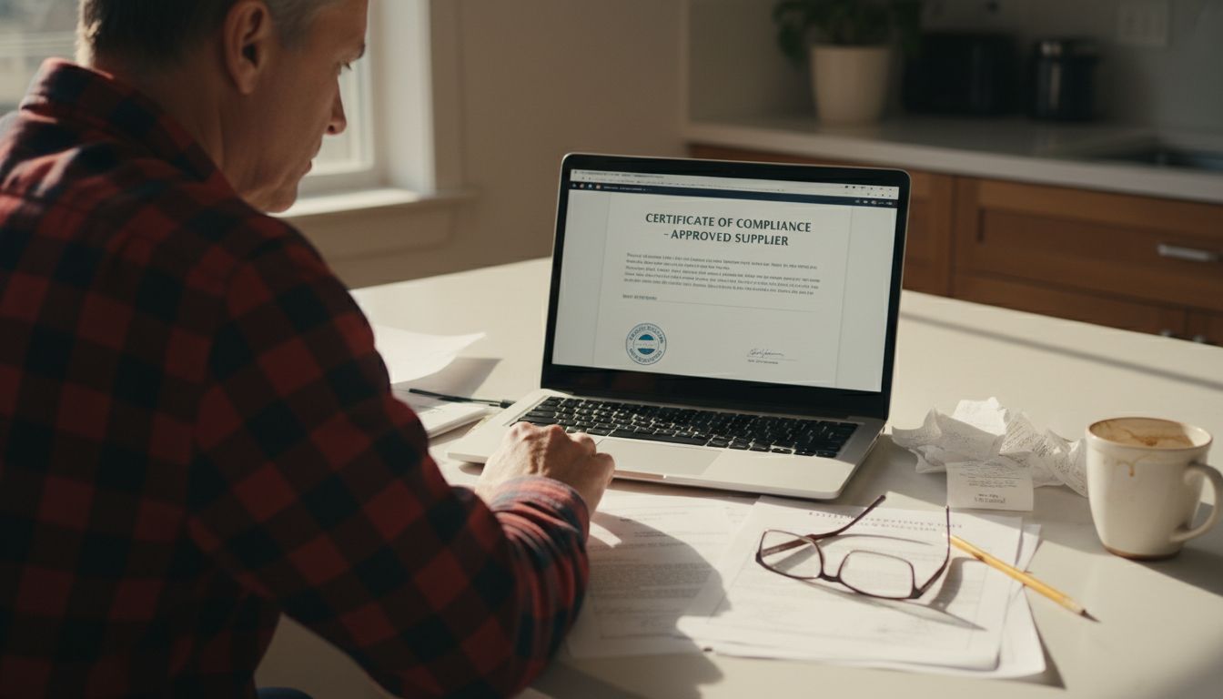 Man checks Canadian mushroom supplier certificate