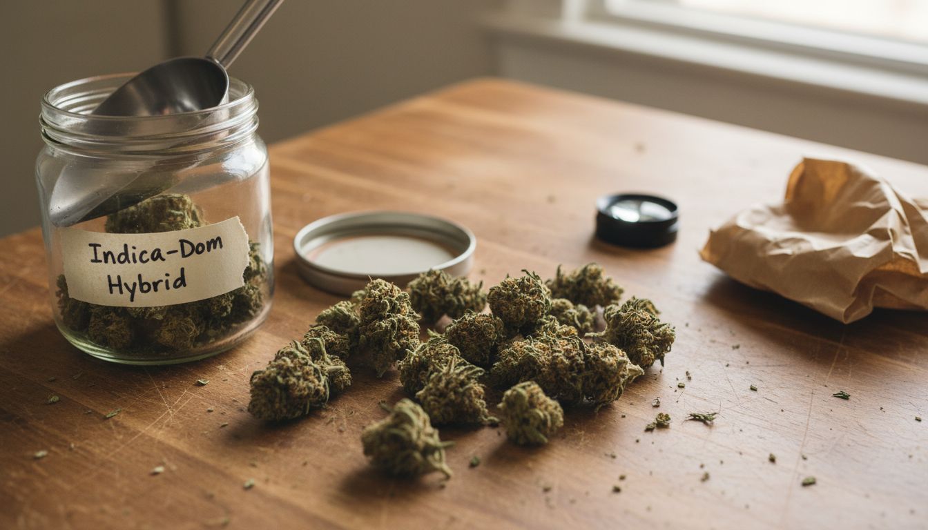 Close-up of hybrid cannabis buds on table