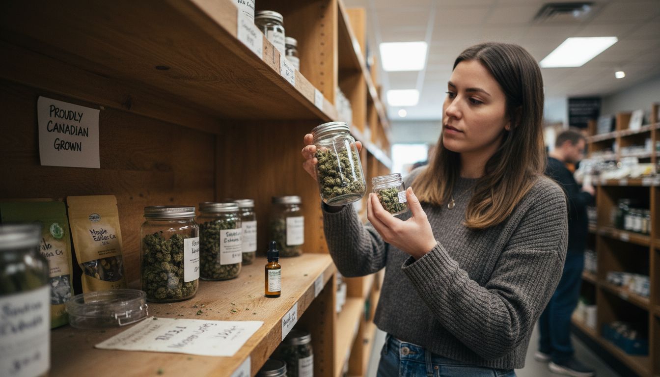 Customer comparing cannabis products on dispensary shelf