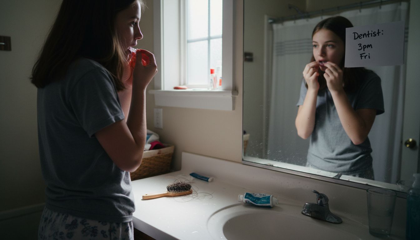 Teenager placing Invisalign aligner at bathroom sink