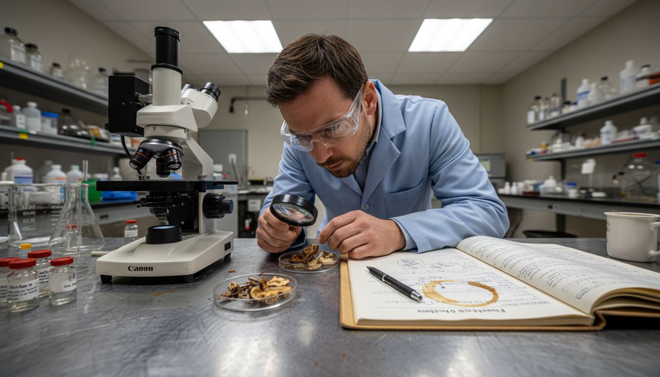 Scientist studies dried mushroom compounds in lab