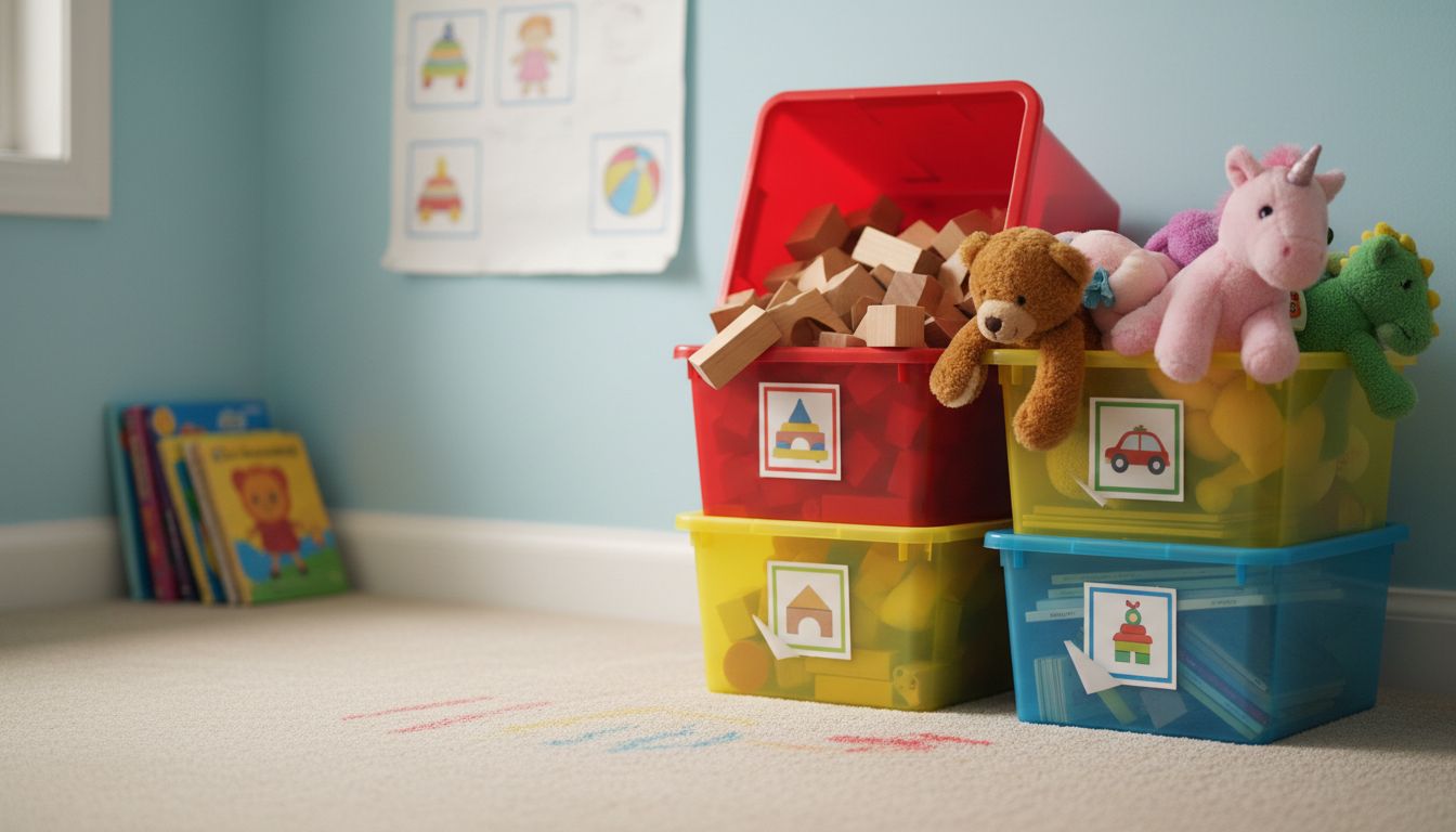 Labeled bins with assorted grouped toys