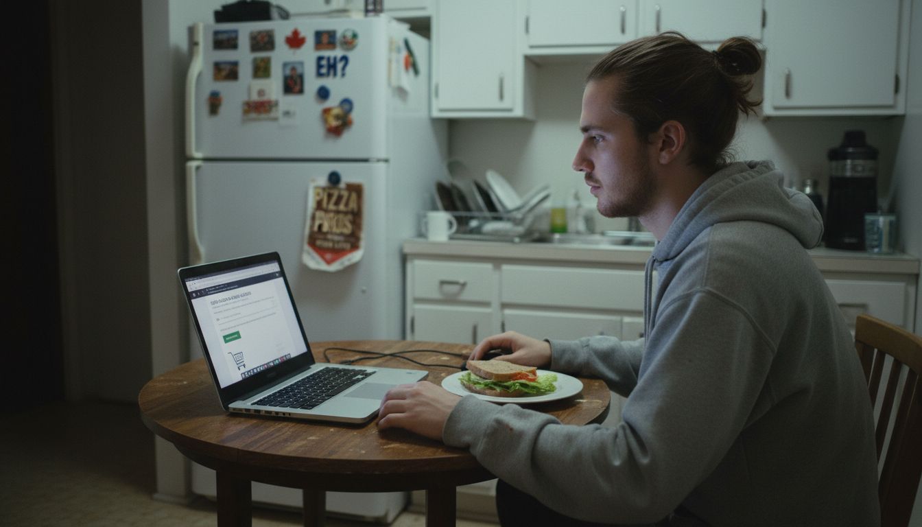 Person purchasing cannabis online from kitchen