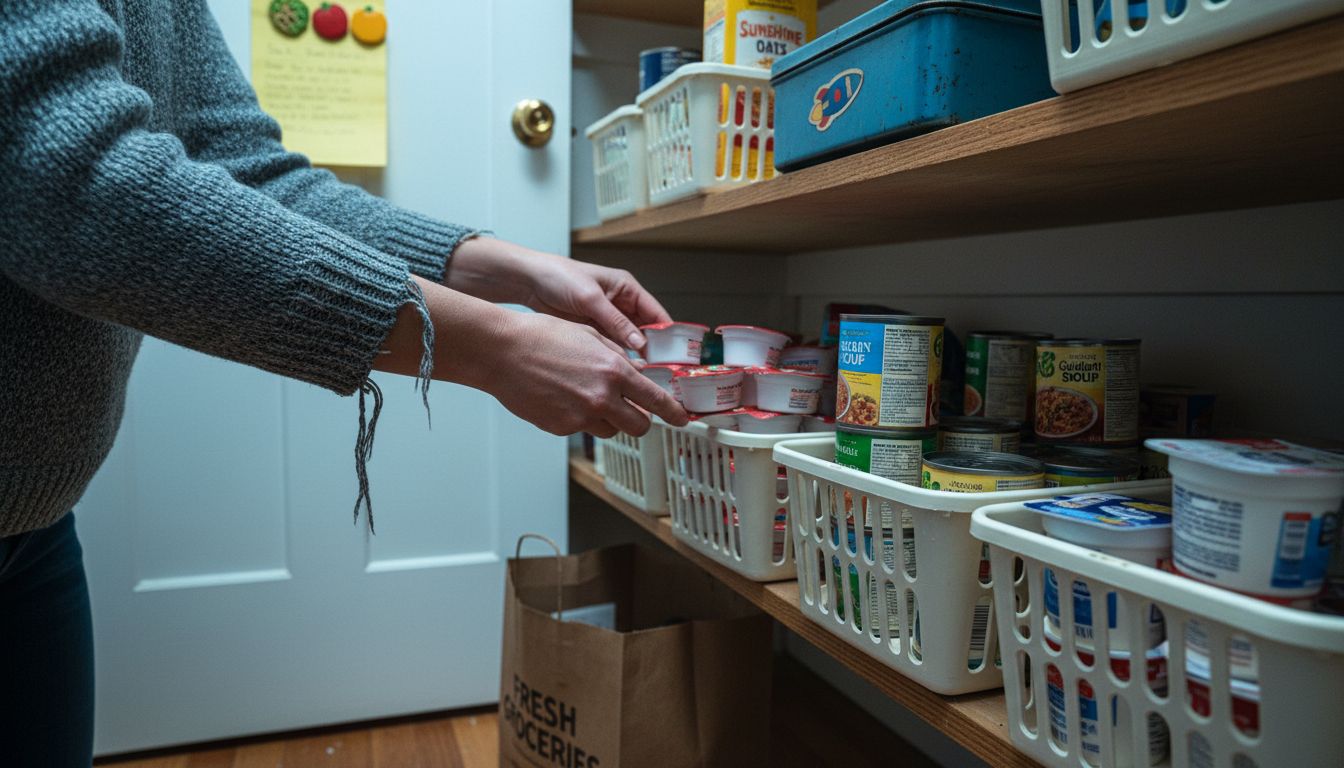 Parent organizes pantry with soft foods for braces