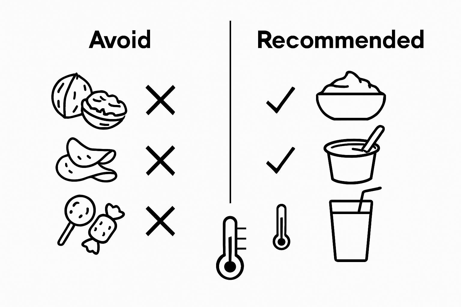 Infographic comparing foods to avoid and eat with braces