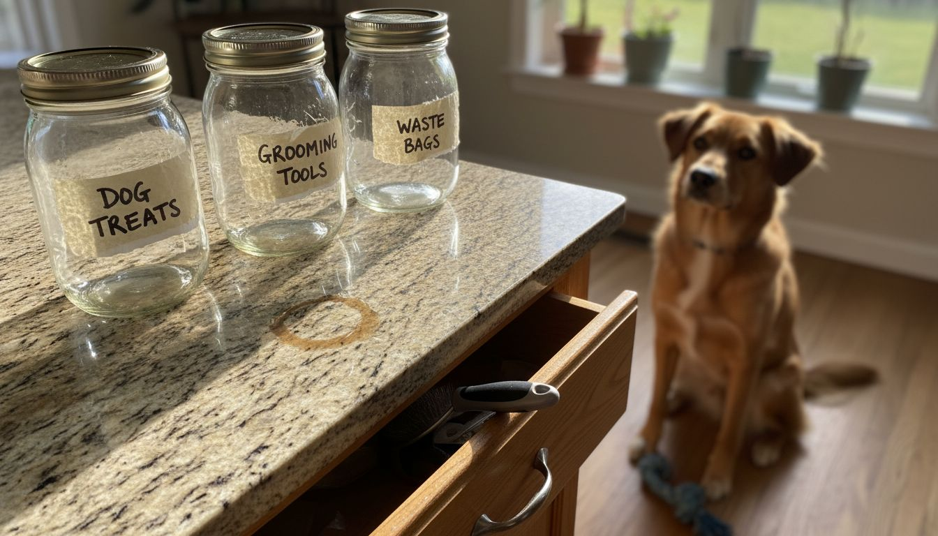 Repurposed jars used for pet item storage