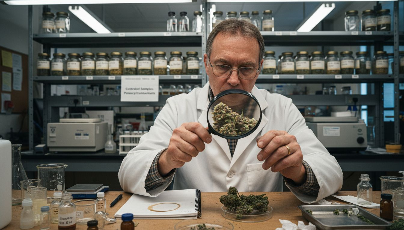 Scientist examines hemp sample in lab