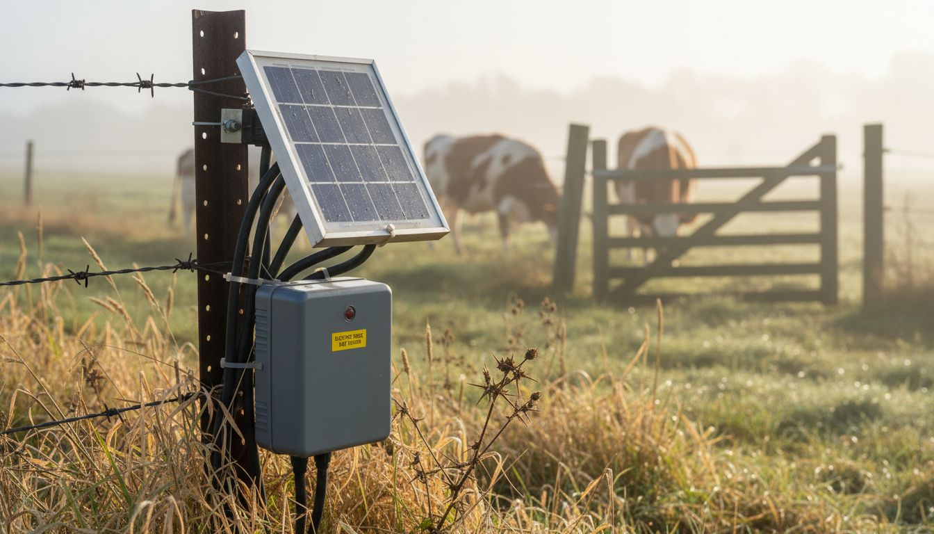 Close-up solar panel on electric fence post