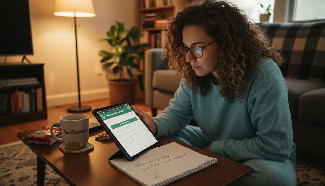 Woman checking cannabis order on tablet