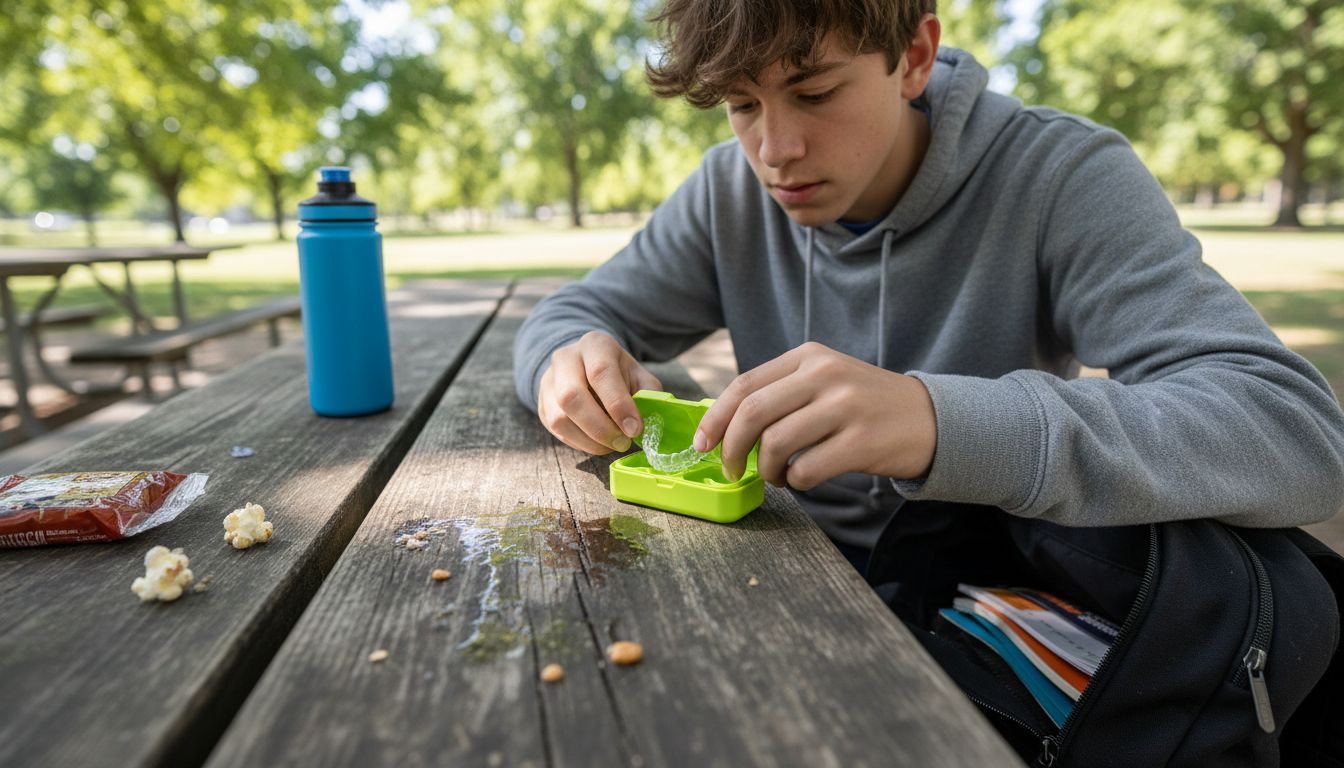 Teenager placing aligners in colorful case outdoors