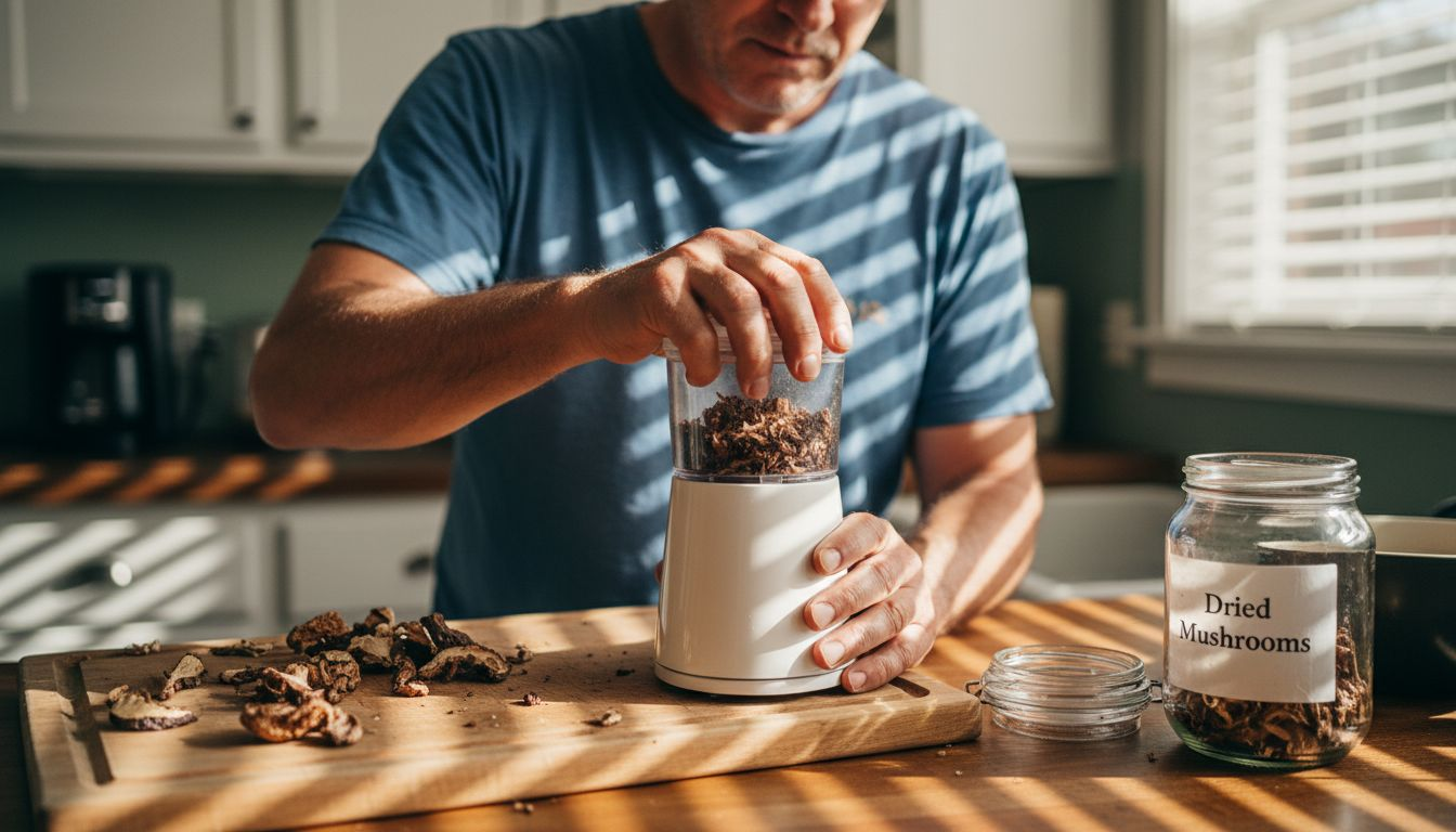 Grinding dried mushrooms for tea at home