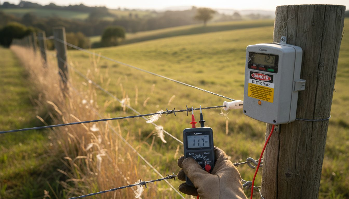 Electric fence with charger and grassland