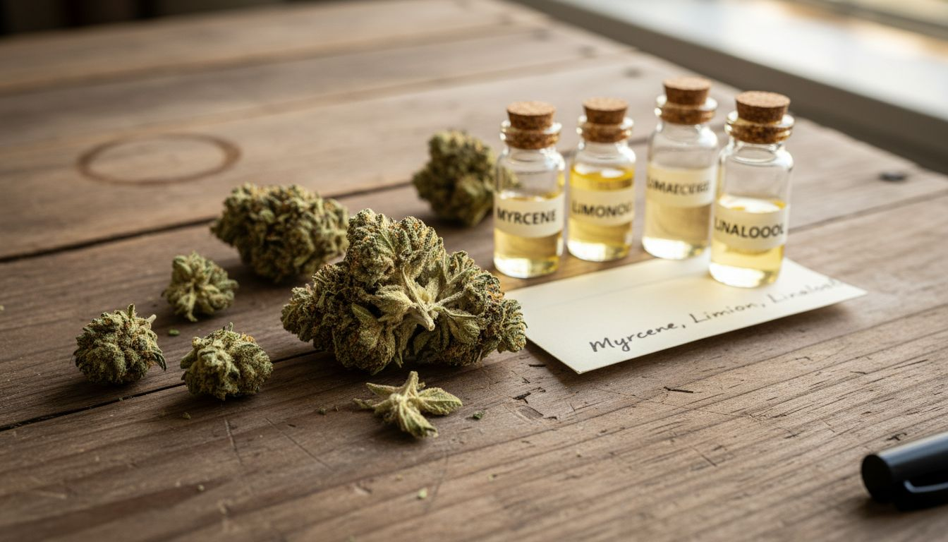Hemp buds and terpene vials on wood table