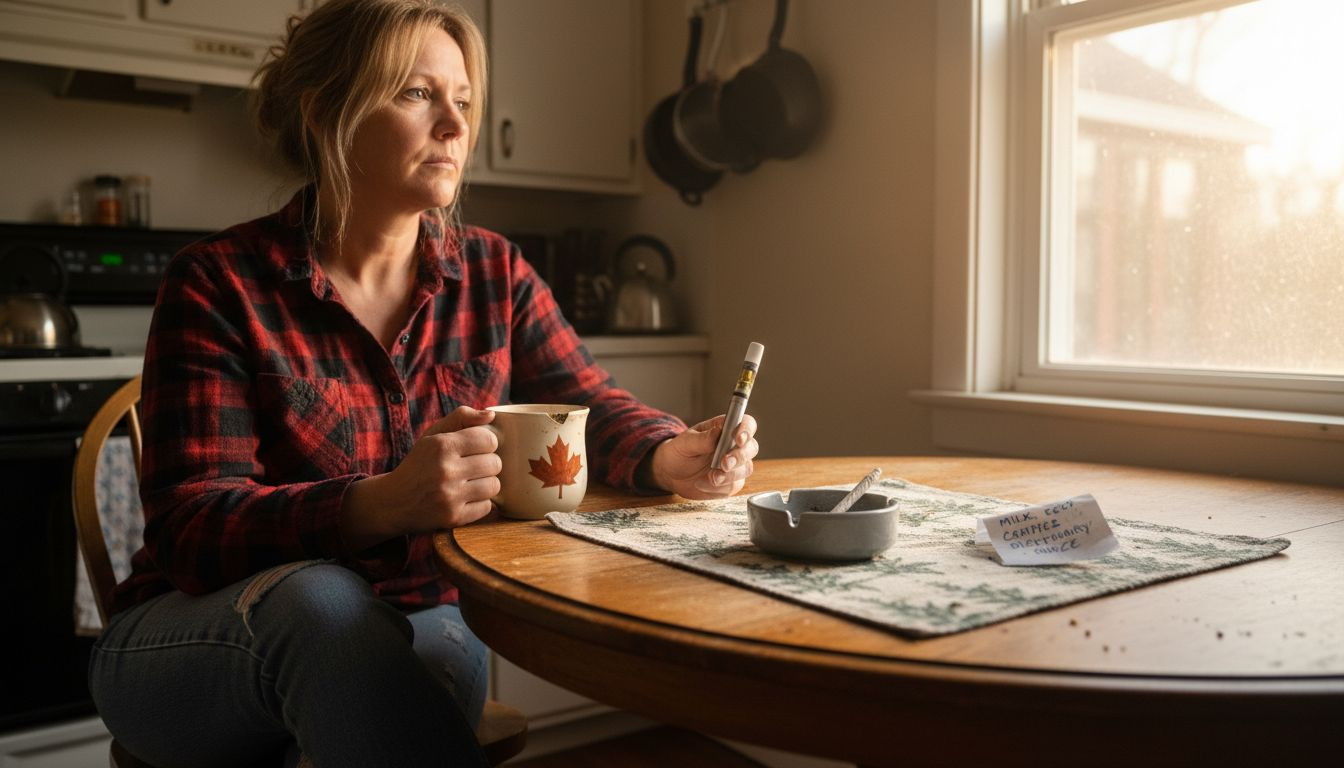 Woman comparing vape pen and joint on table