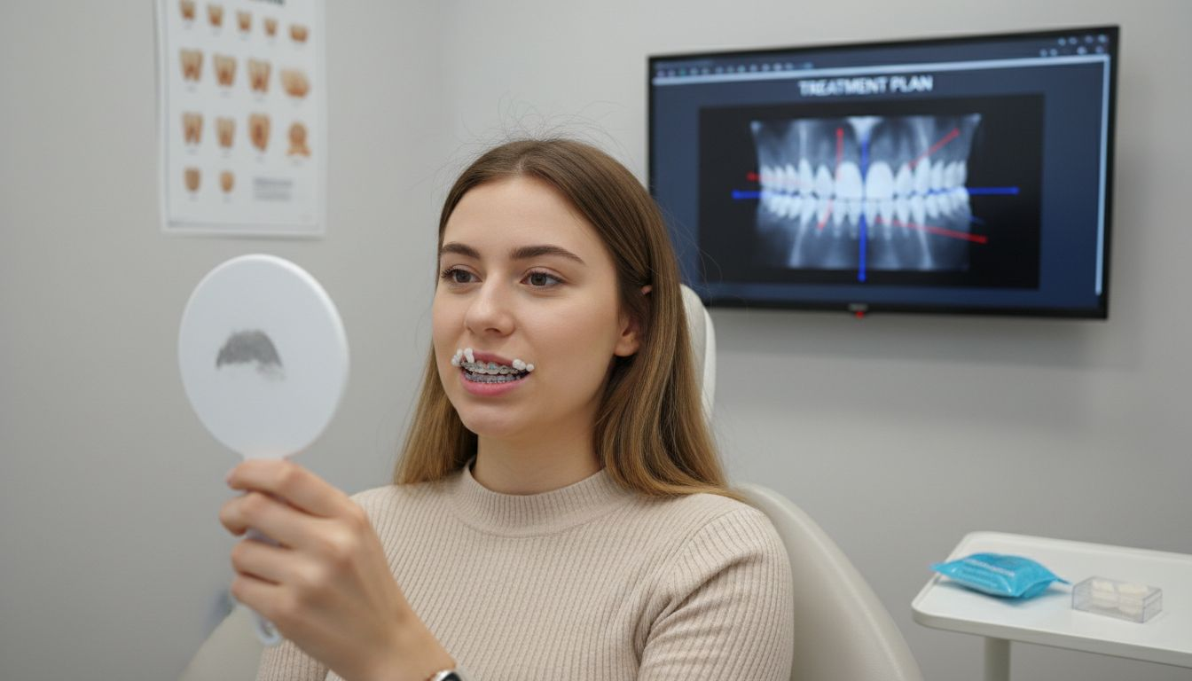Patient inspects new ceramic braces