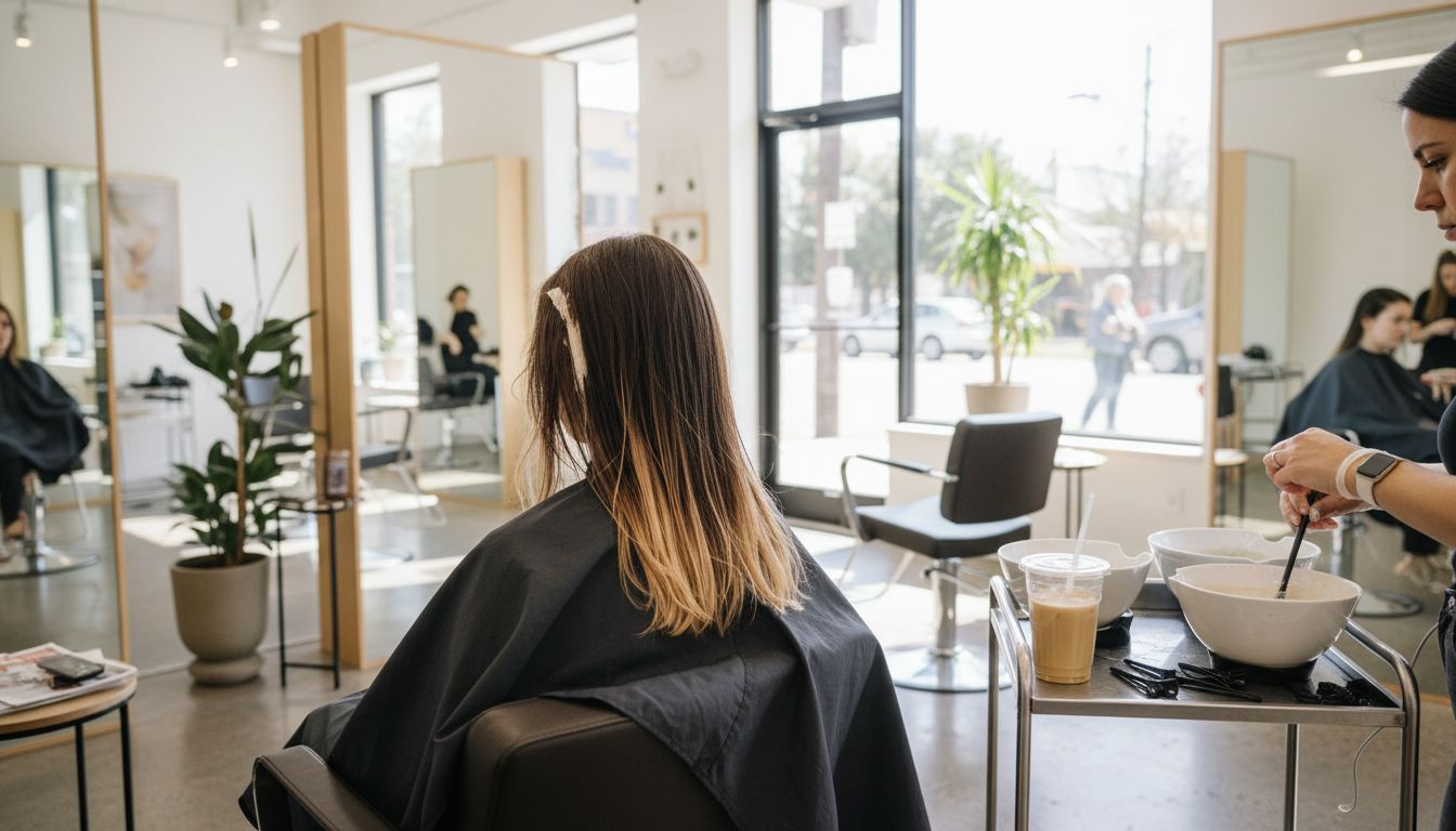 Stylist applying balayage to brunette in sunlit salon