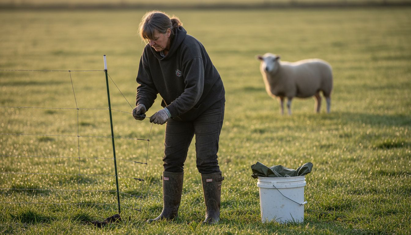Farmer inspecting wire connector gate