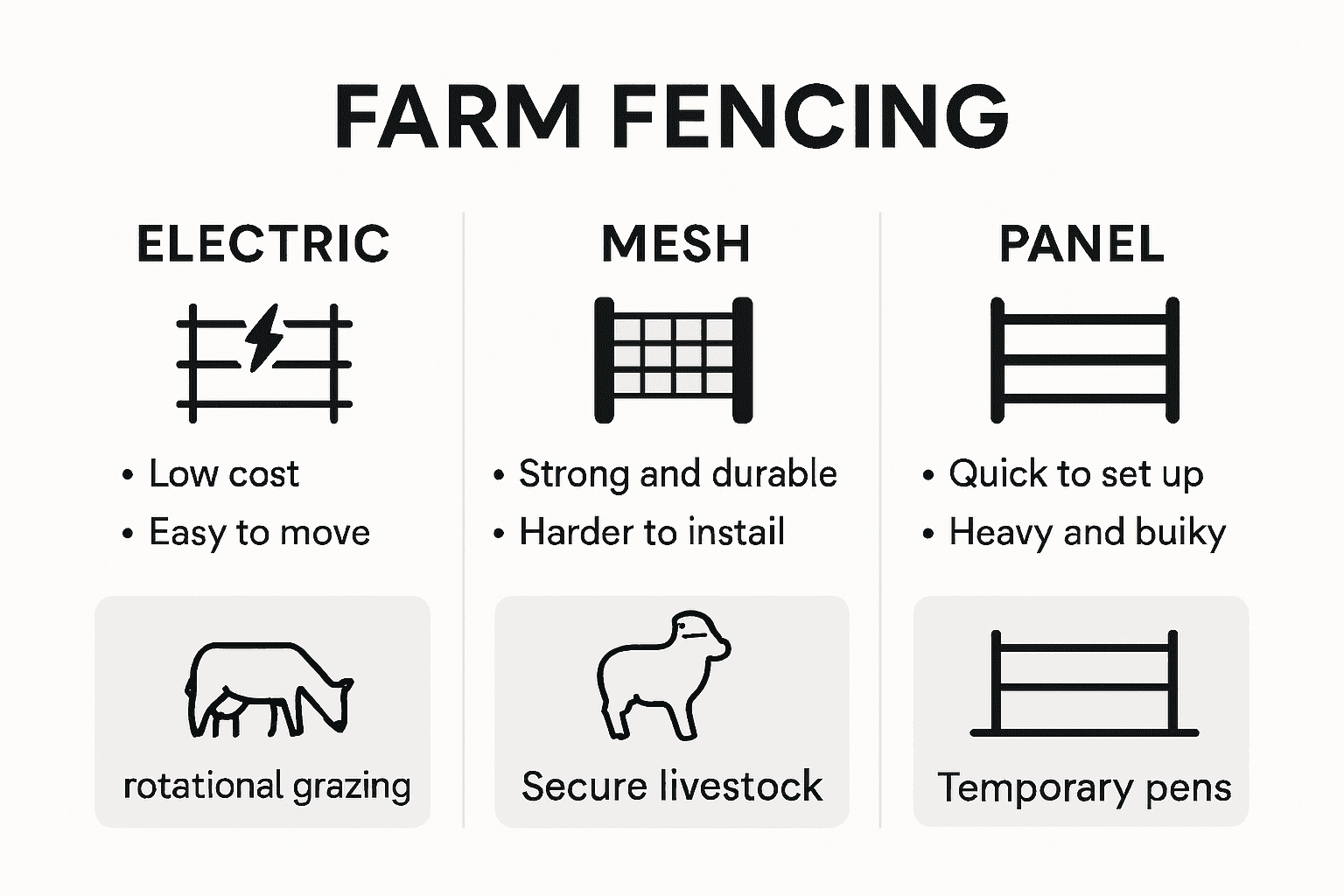 Comparison chart: electric, mesh, panel fencing