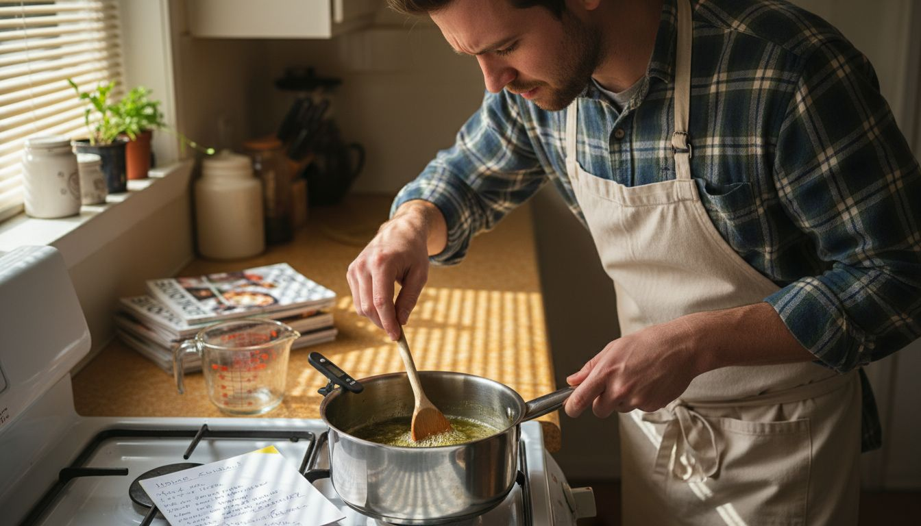 Man monitoring oil infusion for cannabis recipe