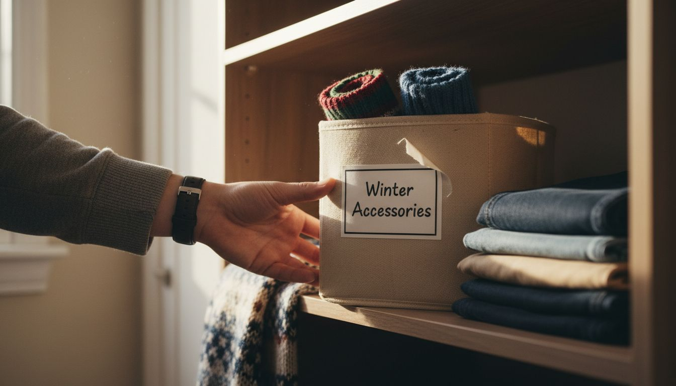 Hand reaching for labeled canvas organizer