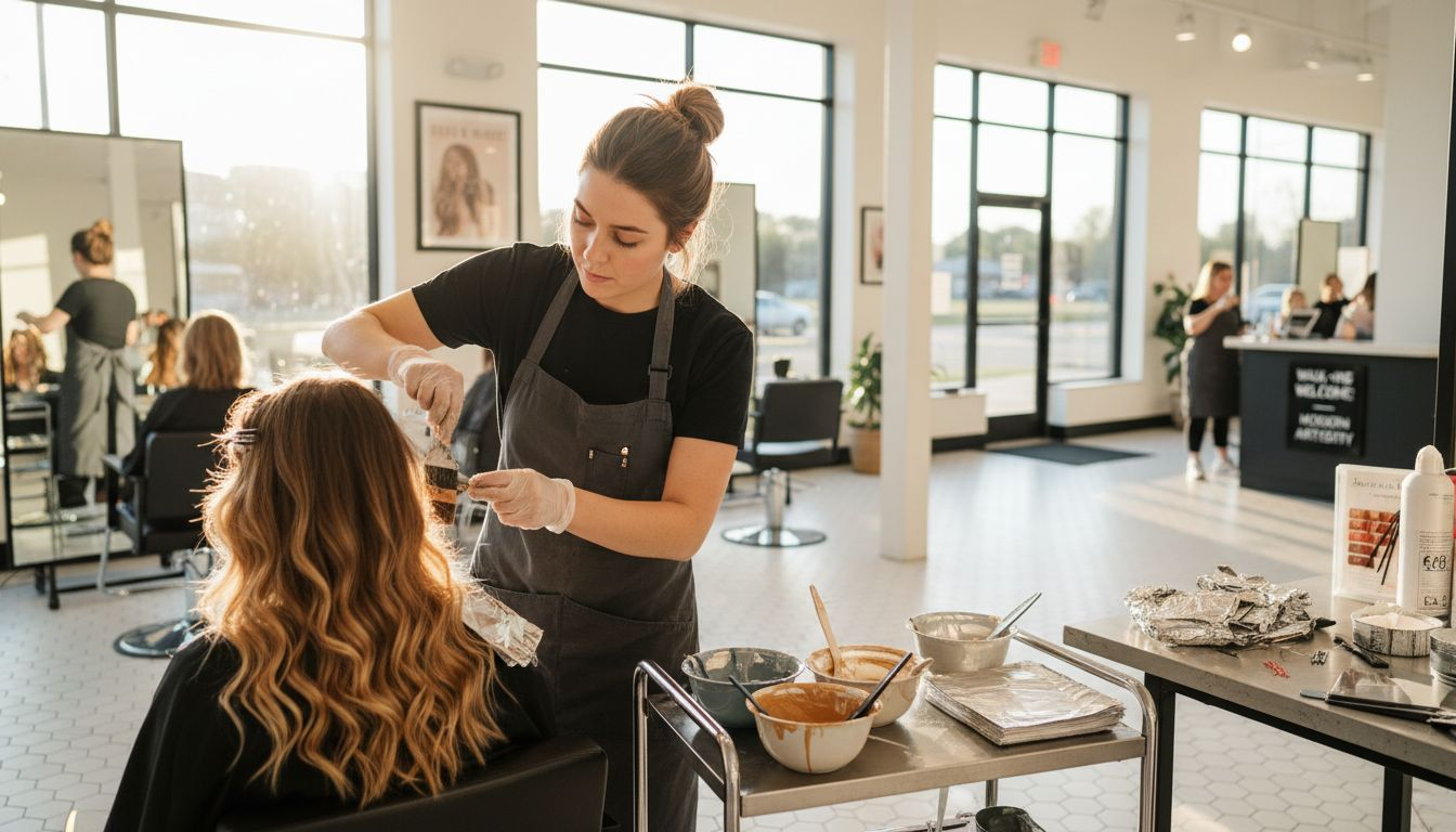 Stylist hand-painting balayage highlights in salon