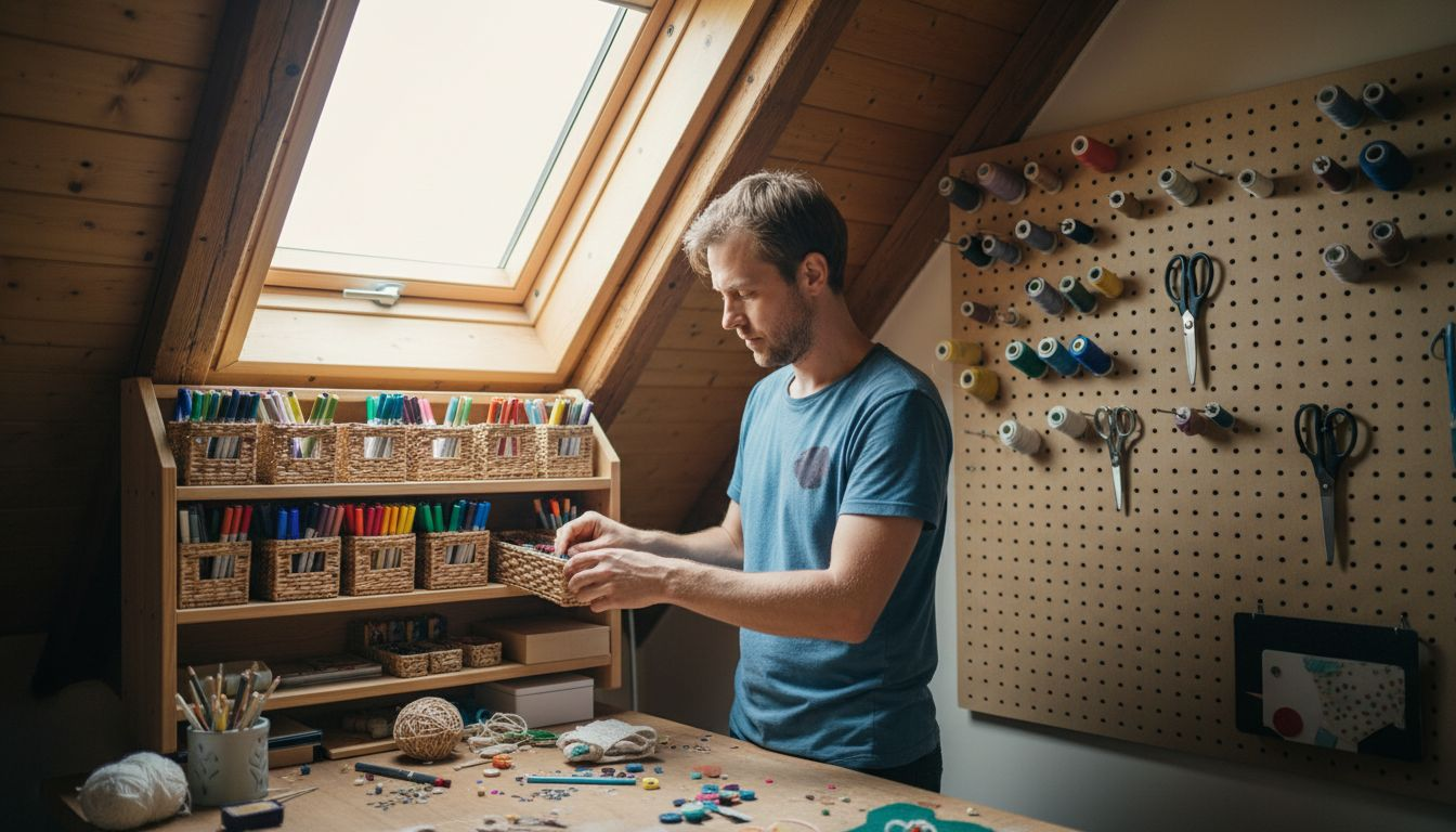 Man arranging craft shelves in attic