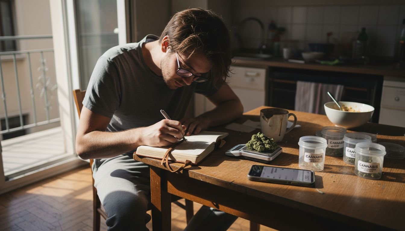 Man tracking cannabis use in wellness journal