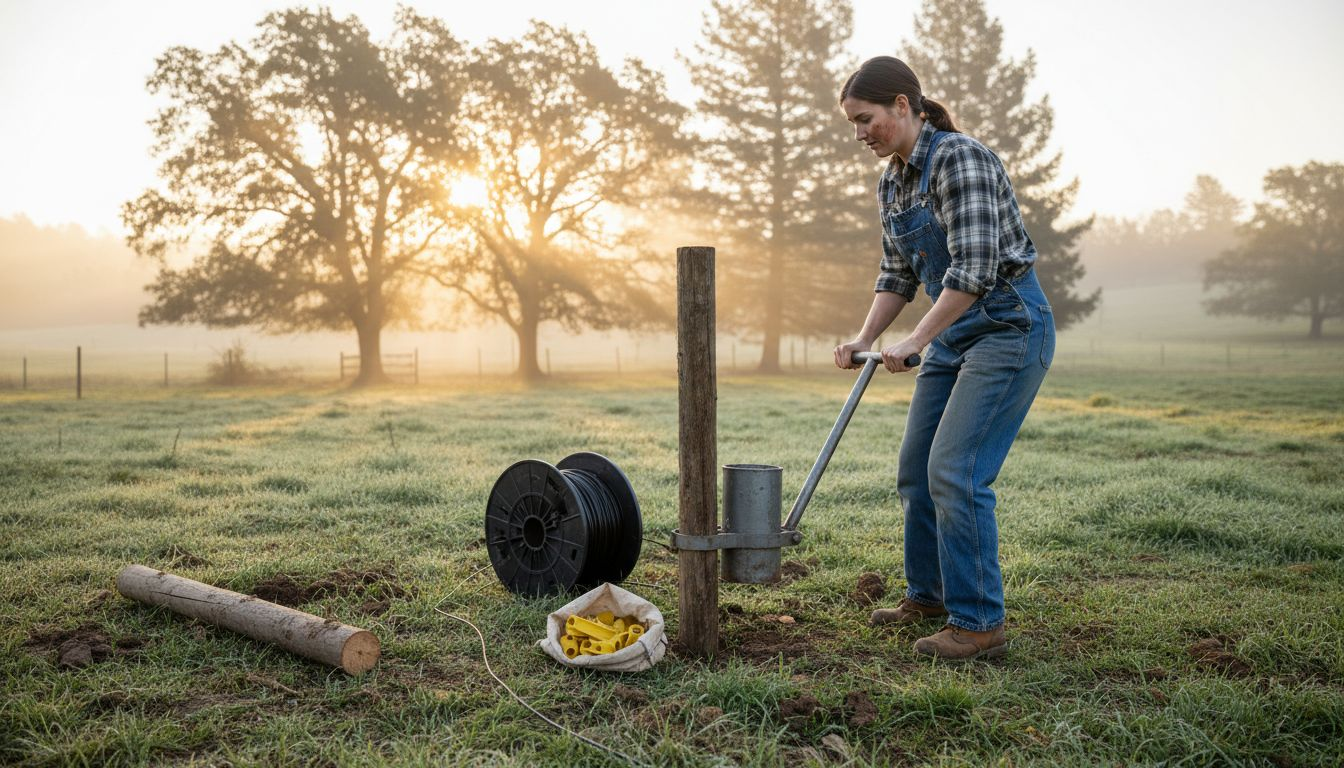 Woman installing fence post on pasture
