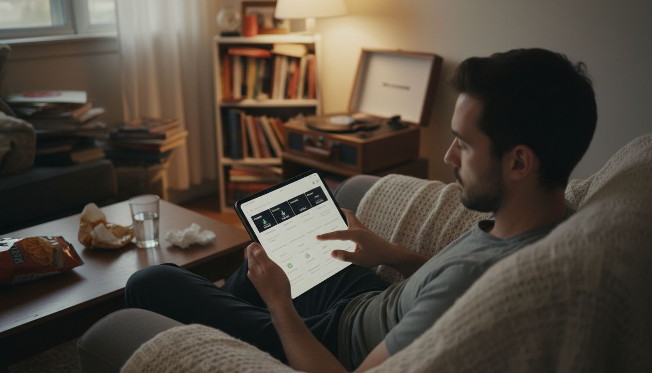 Man browses cannabis categories on tablet