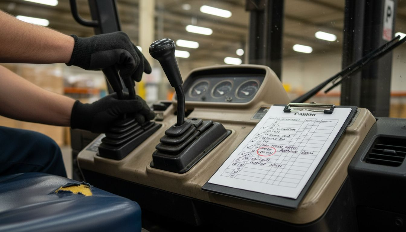 Hands operating forklift hydraulic controls