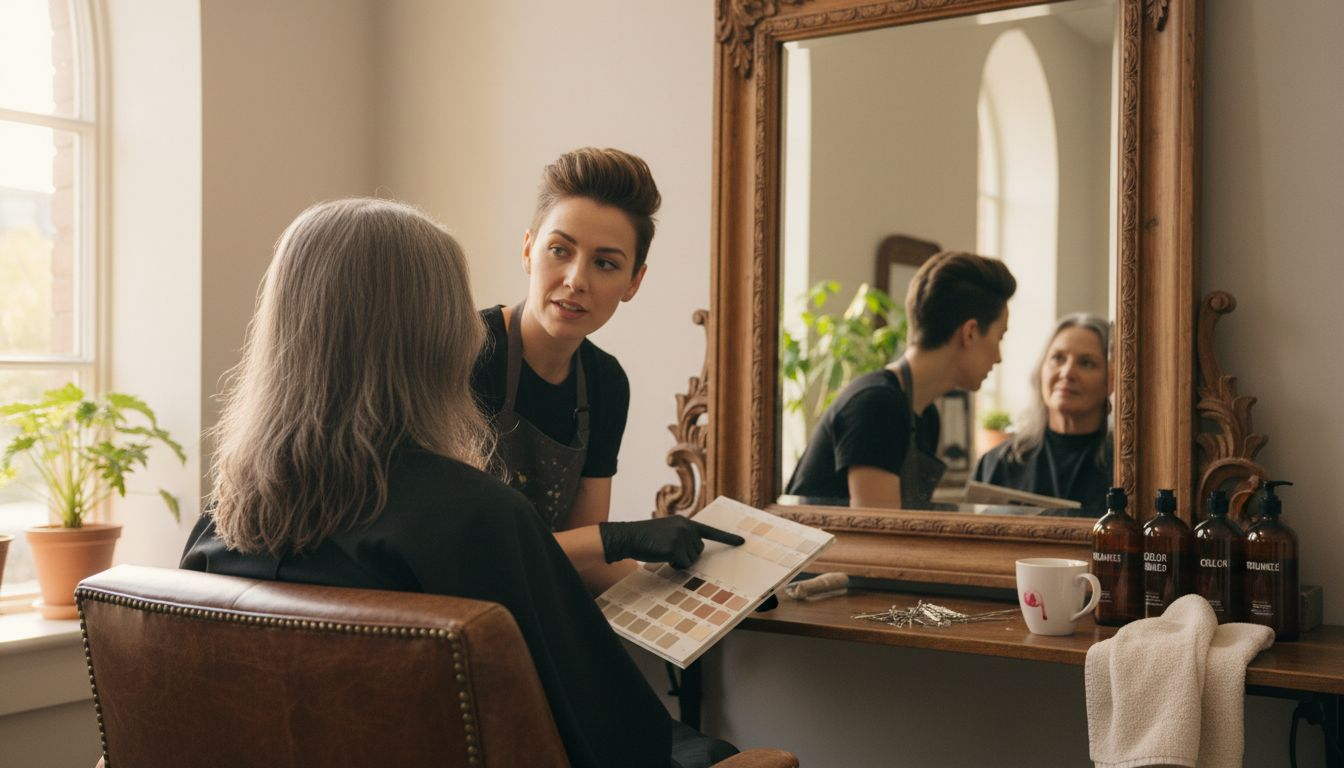 Client consulting stylist for grey blending