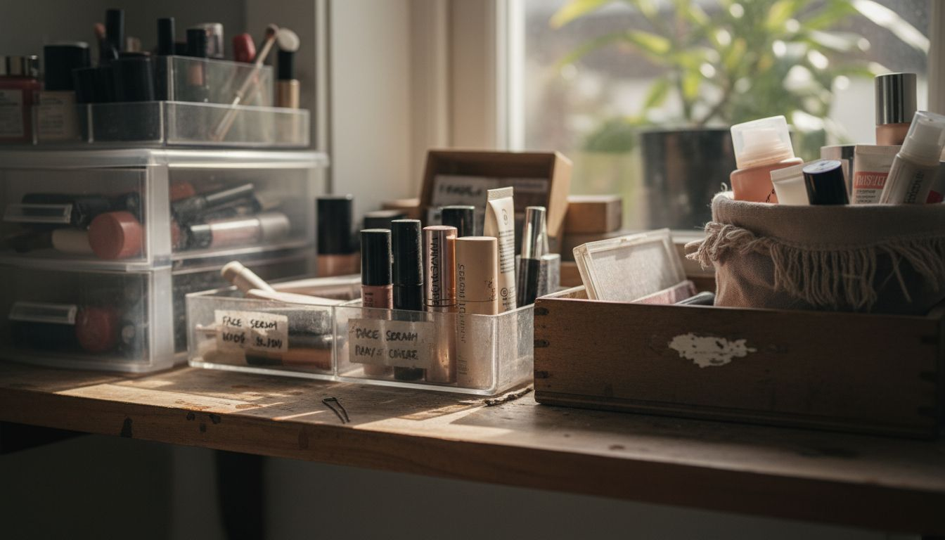 Cosmetic containers on cluttered bathroom shelf
