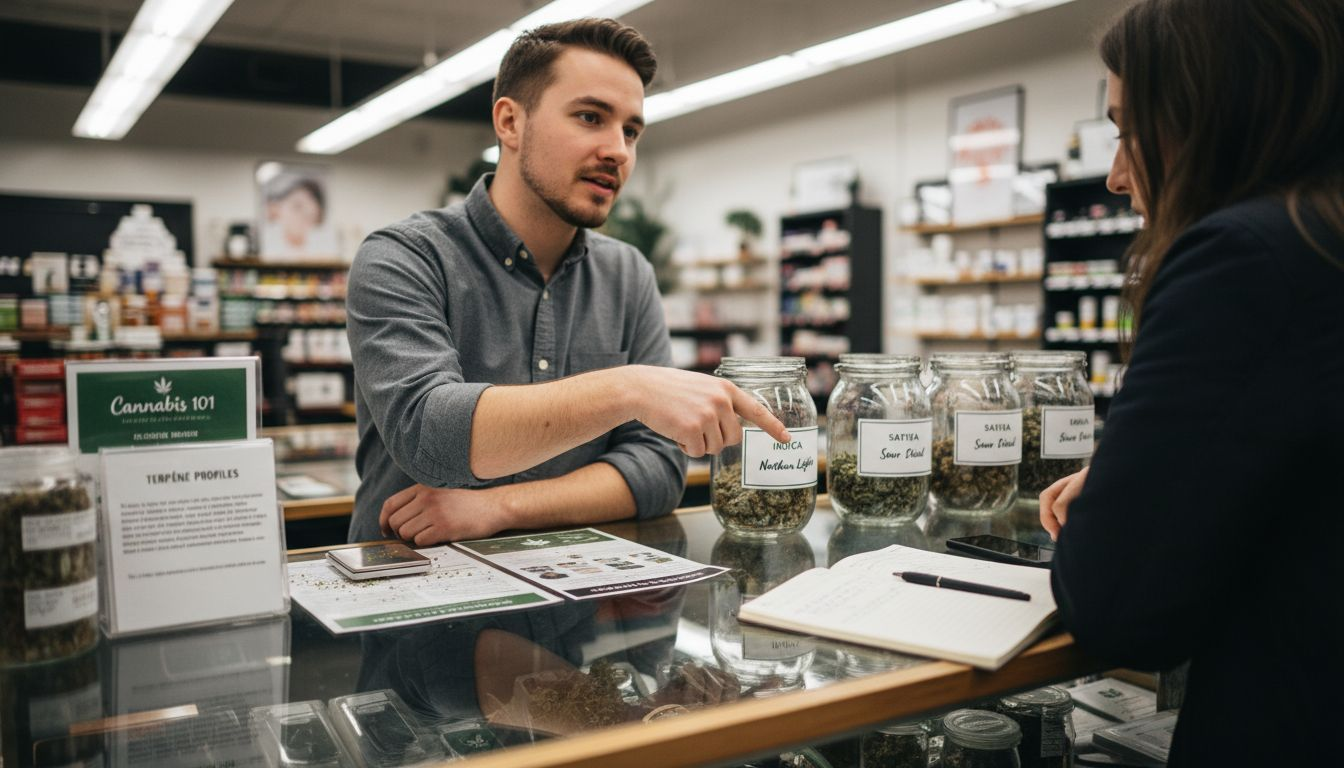 Dispensary staff discussing cannabis options with customer