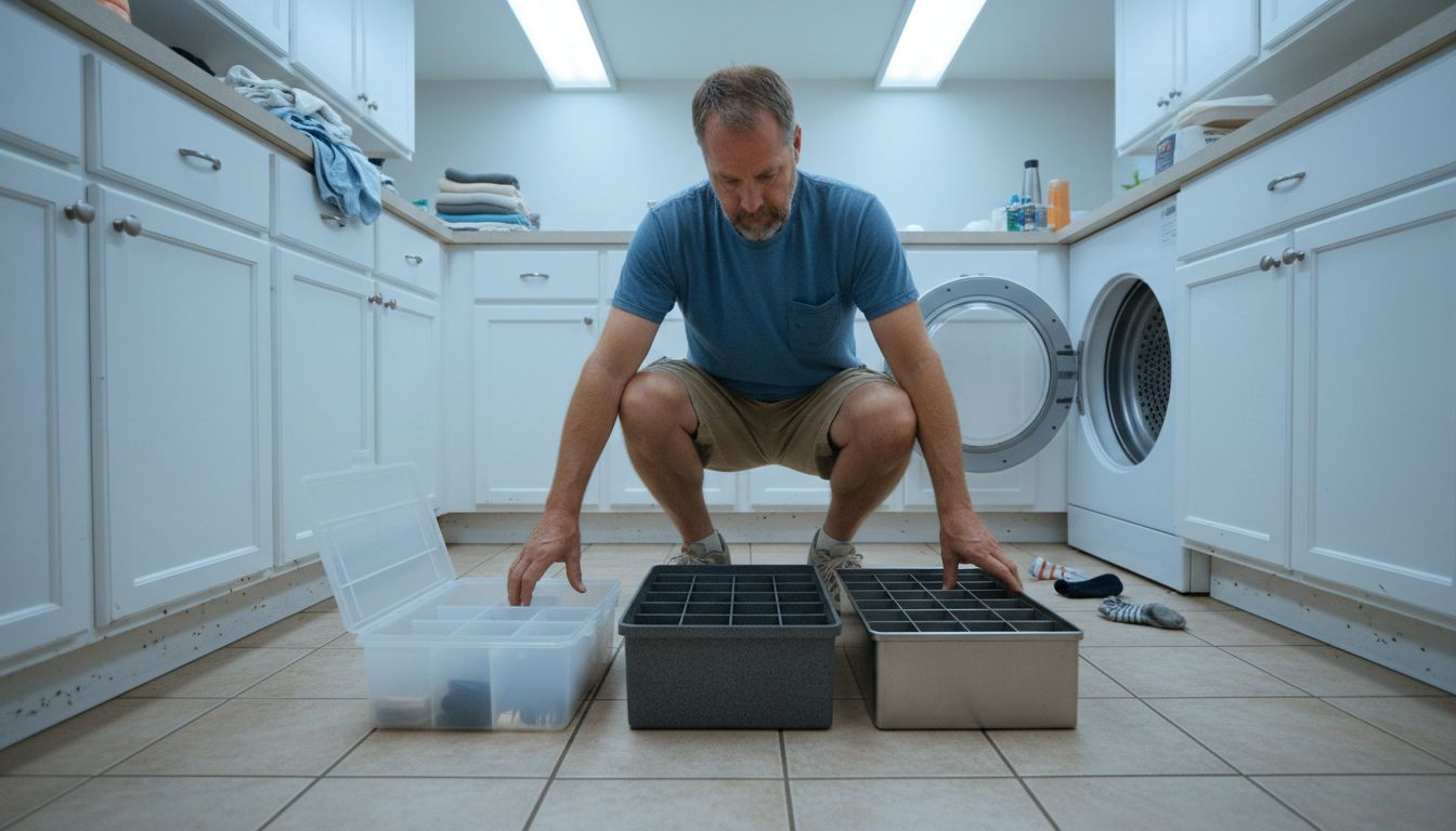 Man comparing three storage bin materials