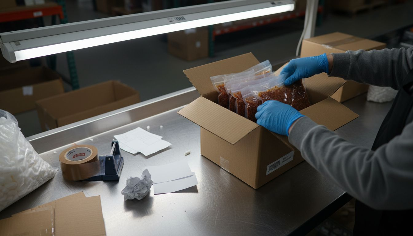 Hands packing vacuum-sealed cannabis discreetly