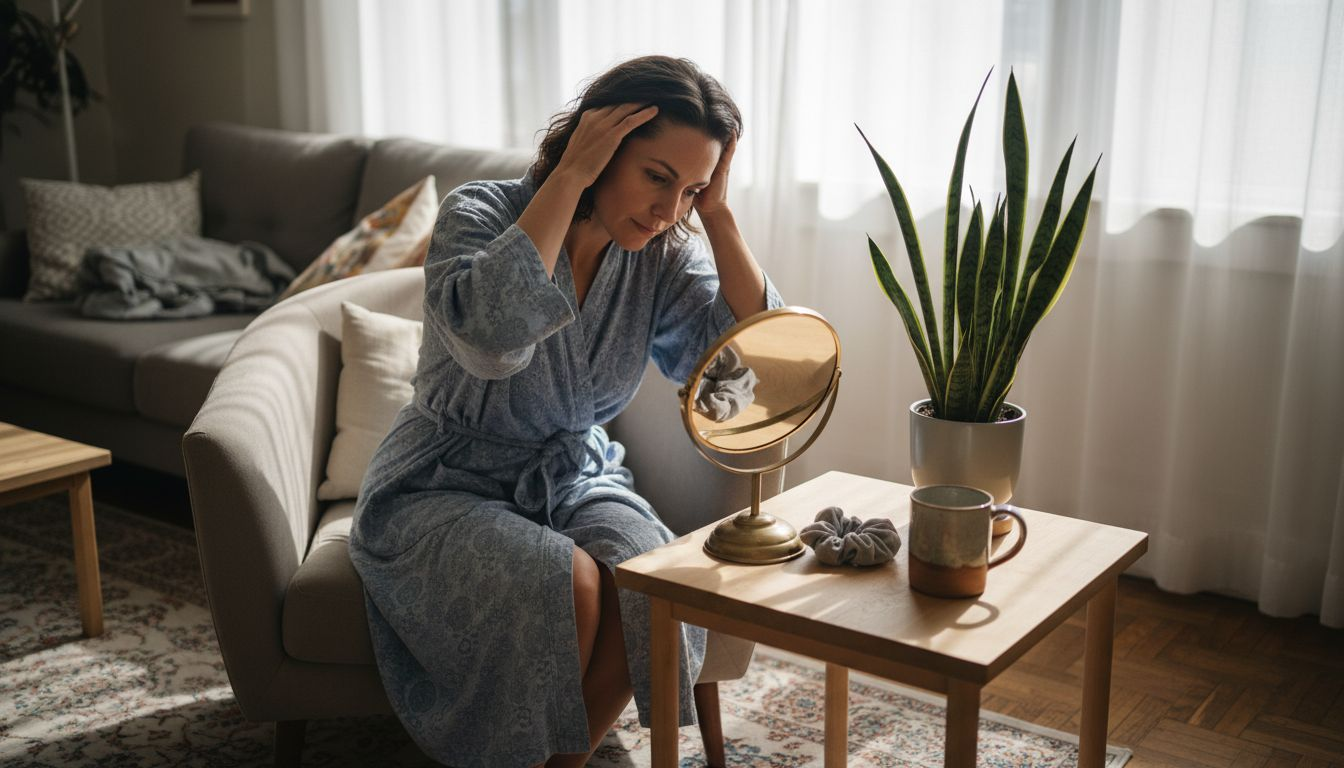 Woman massaging scalp in cozy sunlit room