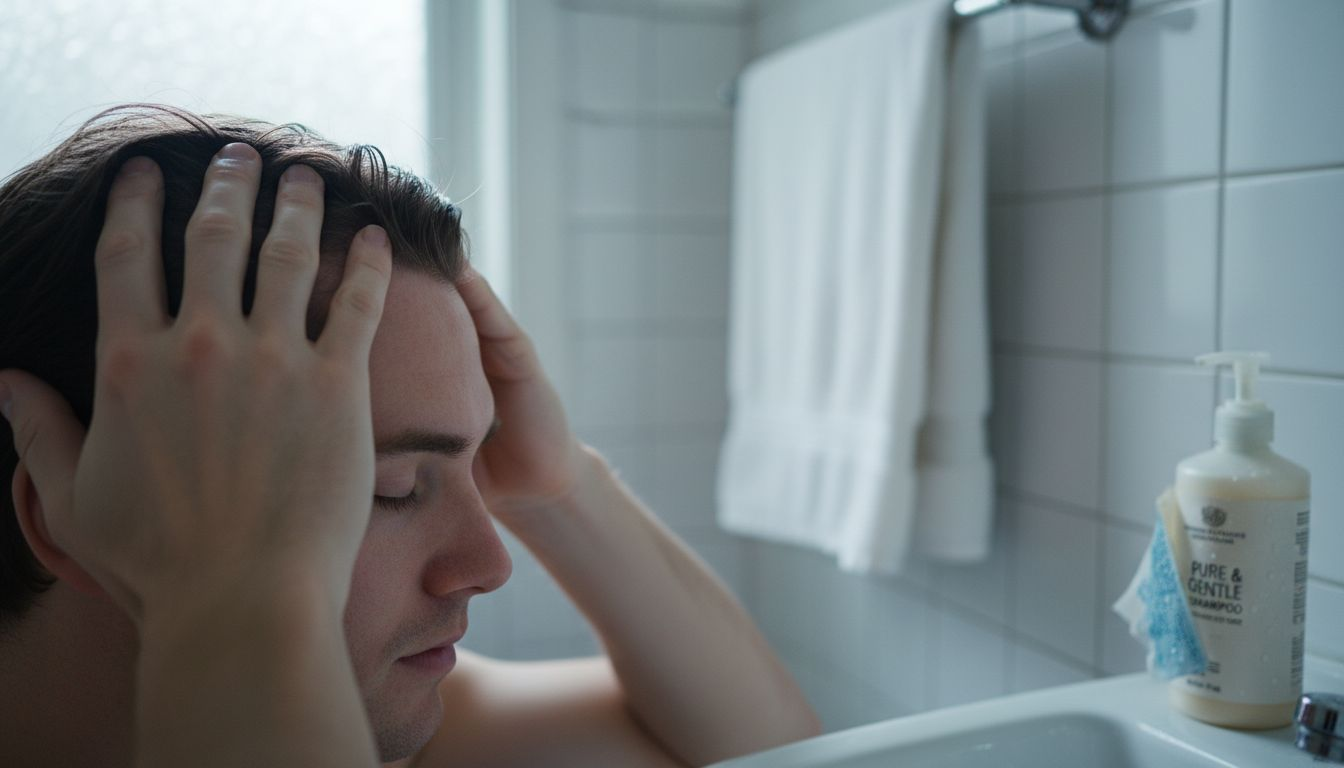 Close-up hands massaging scalp bathroom