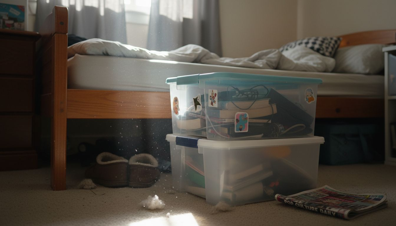Stacked plastic storage containers under bed