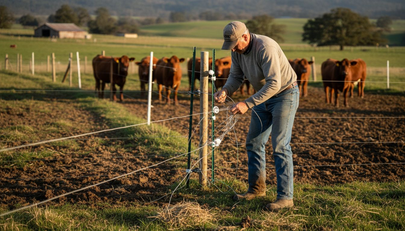 Farmer installing portable electric fence in paddock