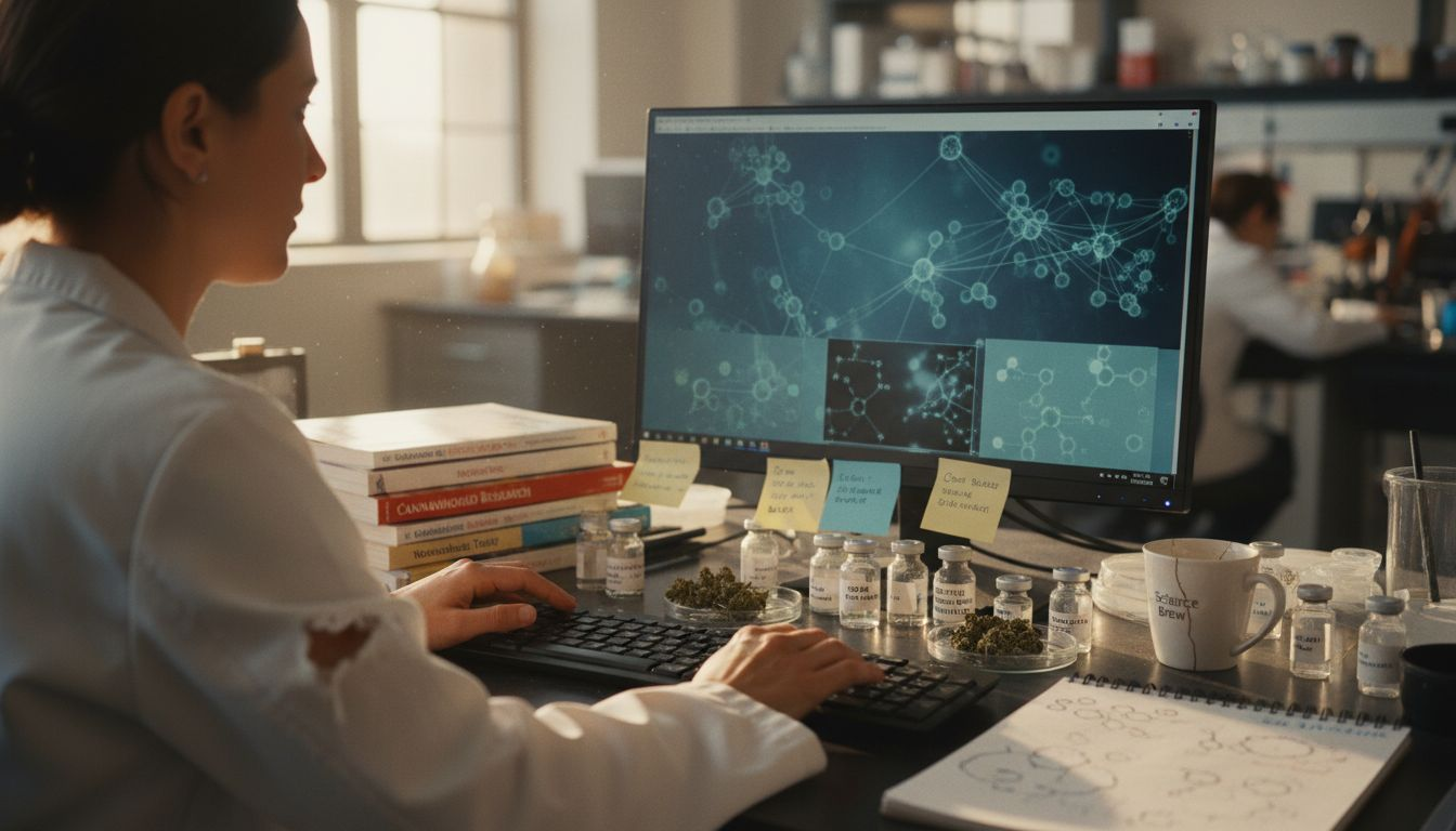 Woman studies CBD and neural diagrams