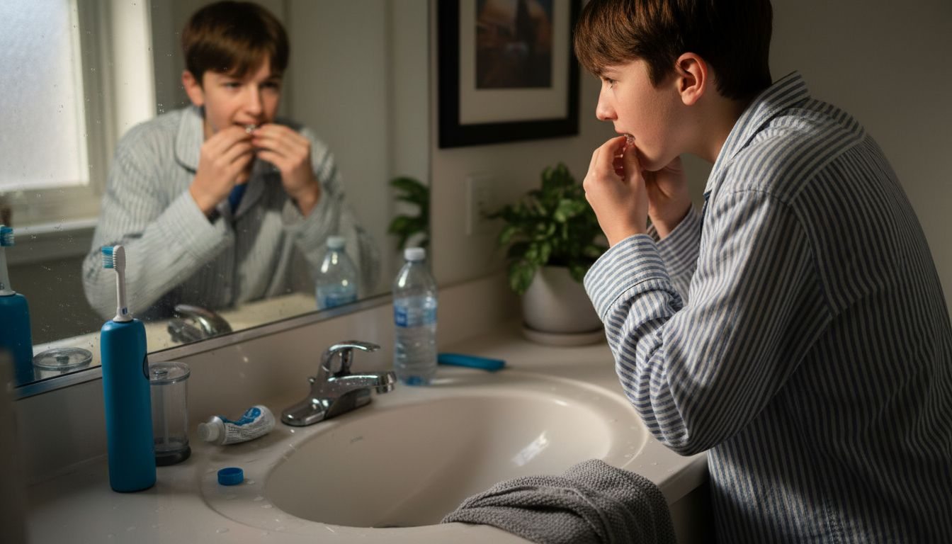 Teen boy using clear aligners in bathroom
