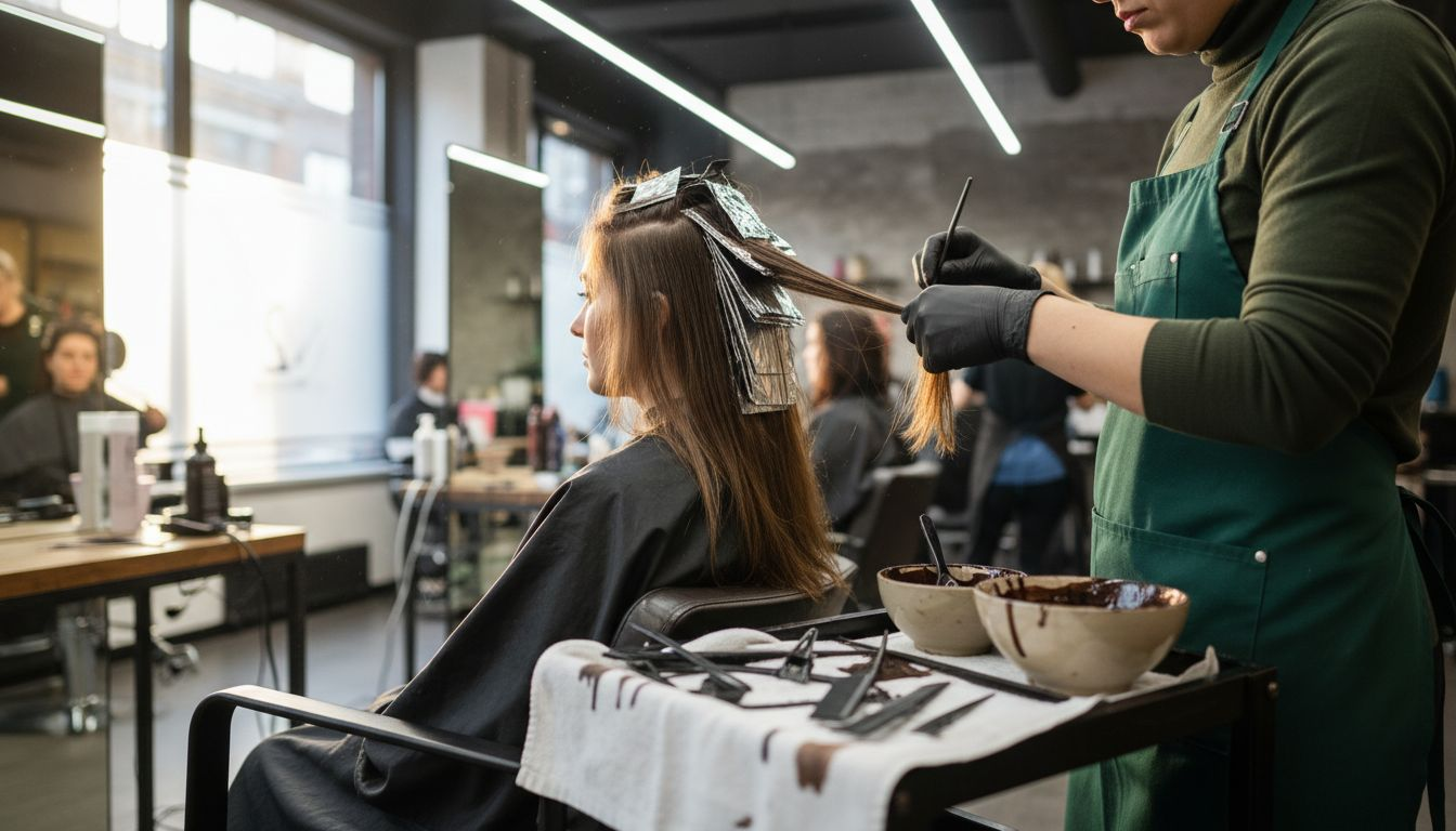 Stylist weaving lowlights into client’s hair