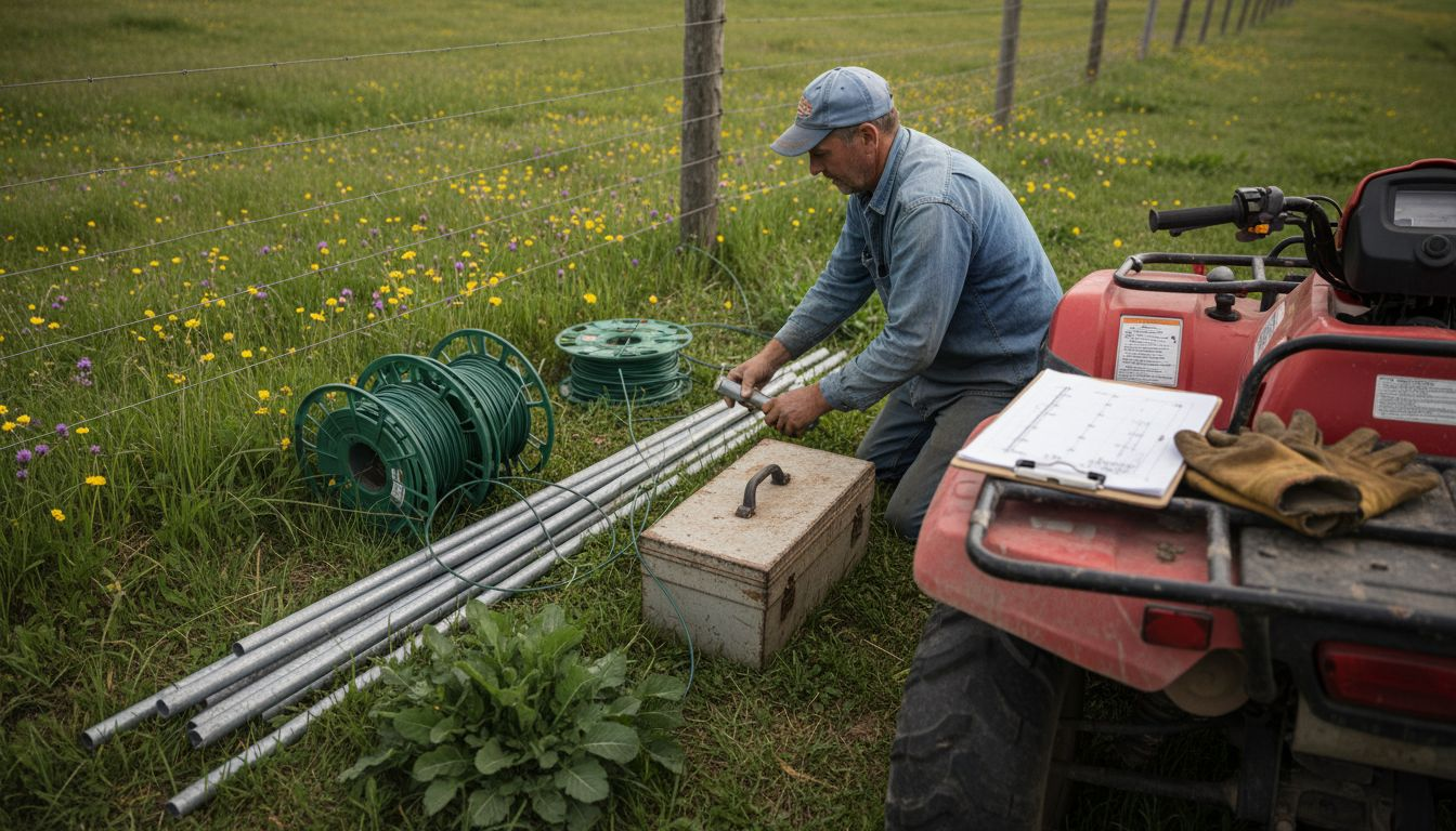 Farmhand organizing electric fence materials