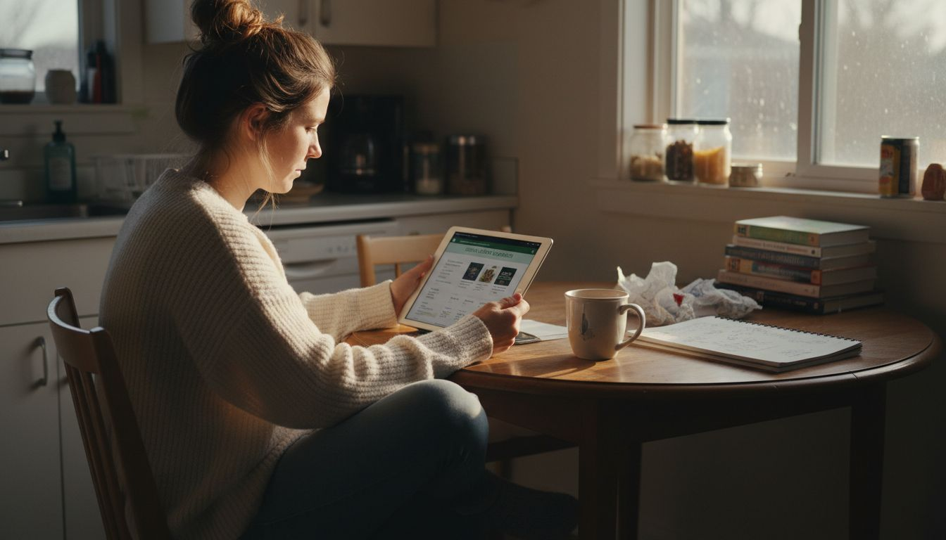 Woman browsing cannabis products online at table
