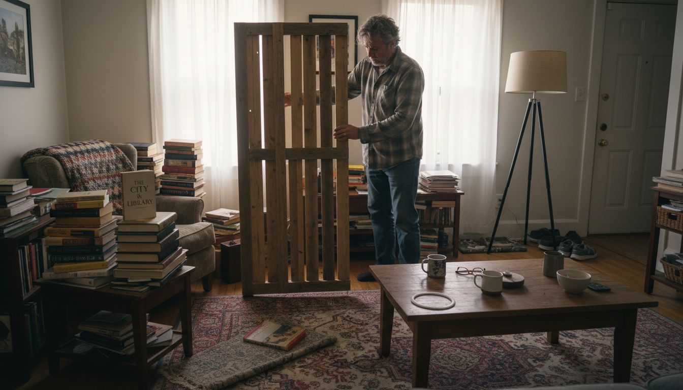 Man adjusting divider in living room space
