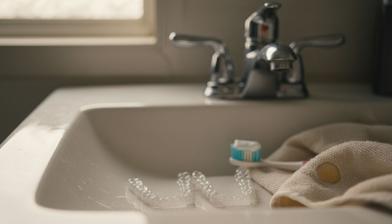 Clear aligners on bathroom sink close-up