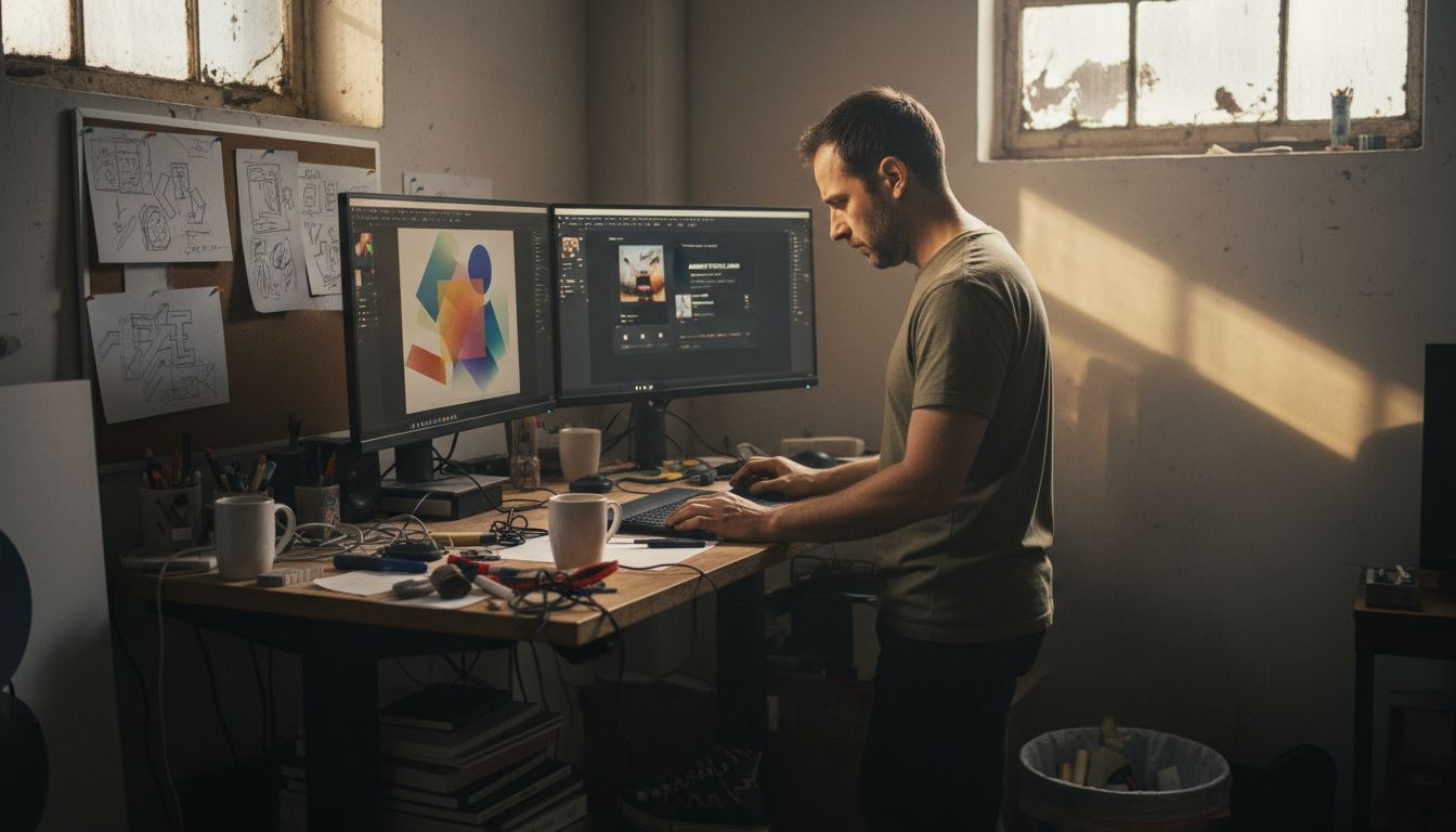 Designer focusing in cluttered creative studio